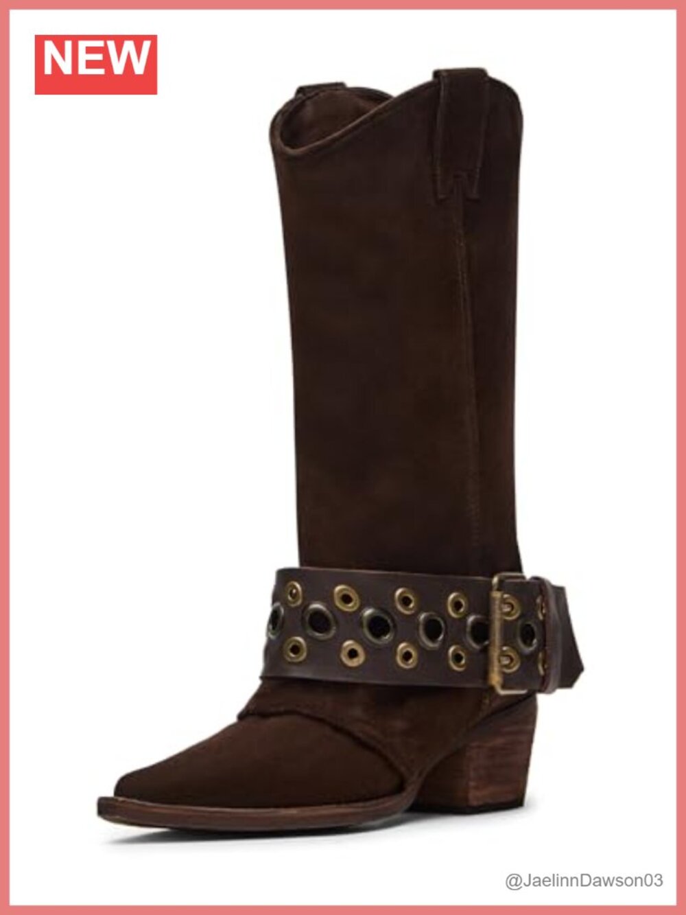 Suede Calf-High Motorcycle Boots with Block Heel and Buckle
